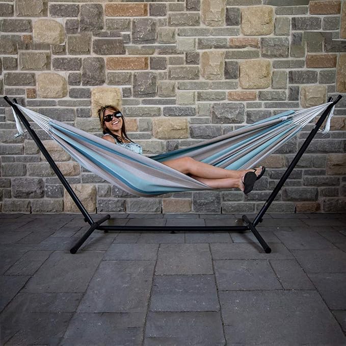 Vivere Brazilian Style Sunbrella Double Hammock with Steel Stand, Gateway Mist