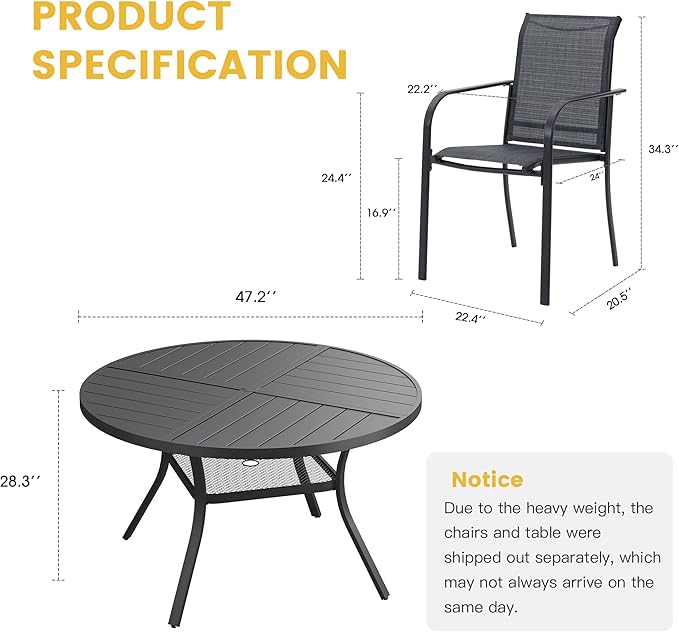 VICLLAX Patio Table and Chair Set of 6, All Weather Metal Round Outdoor Dining Furniture Set-47 Round Outdoor Table and Chairs, Black Tabletop