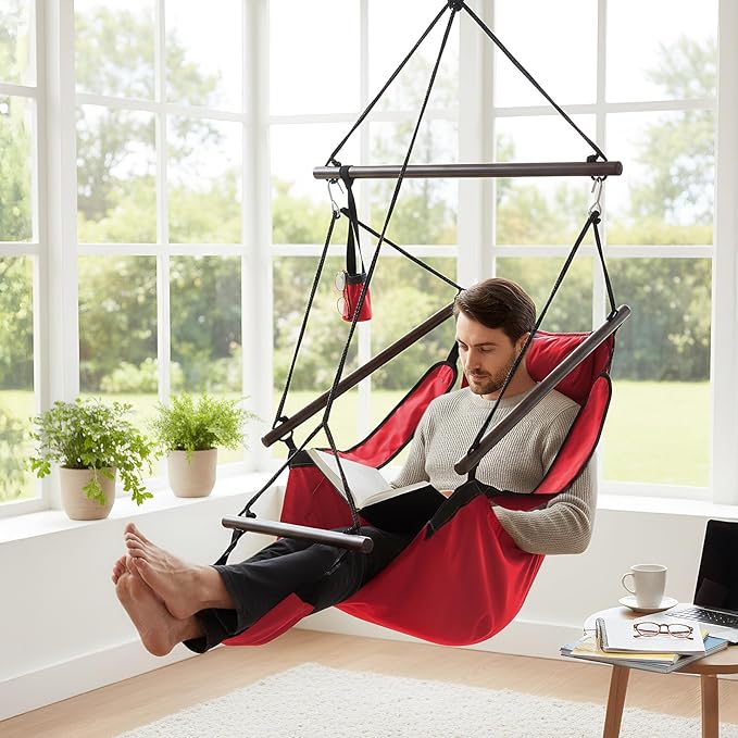 ONCLOUD Upgraded Unique Hammock Hanging Sky Chair, Air Deluxe Swing Seat with Rope (Red)