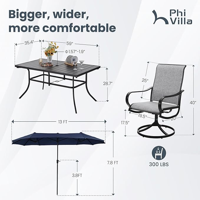 PHI VILLA 8 Piece Patio Dining Set with 13ft Patio Umbrella (Navy Blue), 6 Outdoor Swivel Dining Chairs & 1 Large Metal Dining Table with 1.57" Umbrella Hole, for Deck Lawn Garden