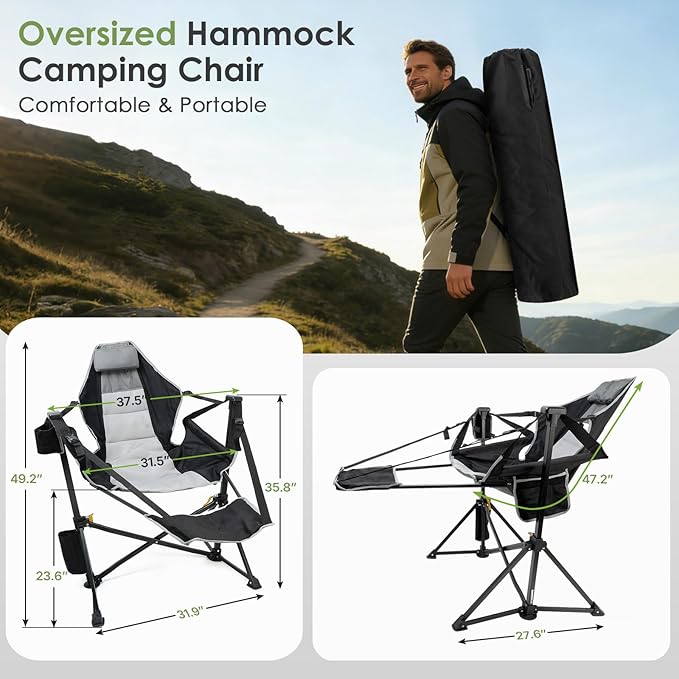 Suteck Hammock Camping Chair with Footrest, Oversized Swinging Folding Chair for Adults, Heavy Duty Portable Rocking Camp Chair with Cup Holder & Pillow for Beach, Patio, Lawn, Supports up to 500 lbs