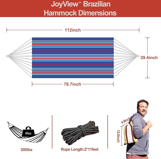 JoyView Brazilian Hammock for Single Person Portable Hammock with Hanging Ropes & Carry Bag Large 78.8x39.4” for Patio 300LBS Capacity Perfect for Outdoor/Indoor - Blue Stripe