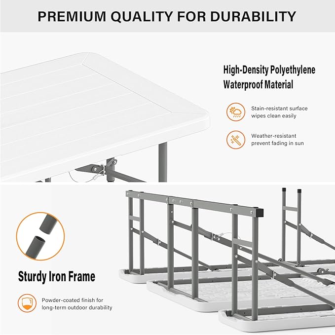 VINGLI Folding Picnic Table and Bench Set, Portable Outdoor Dining Furniture for Camping, Patio, Backyard, Wood Grain Plastic Top with Metal Frame (White)