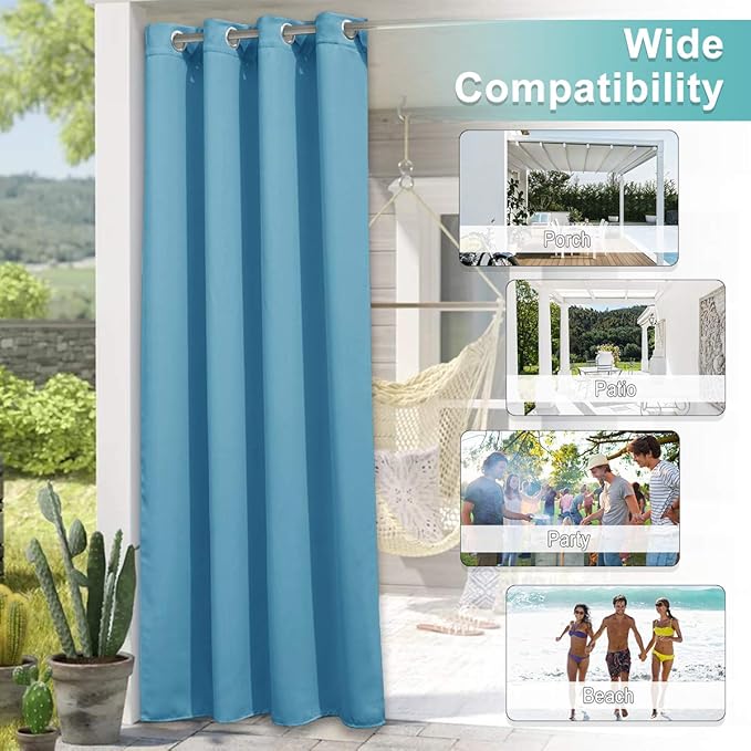 NICETOWN 2 Panels Sunlight Blocking Teal Blue Outdoor Curtains 95" L for Patio Waterproof, Thermal Insulated Rustproof Grommet Outdoor Indoor Window Curtains/Drapes for Porch, 52" W per Panel