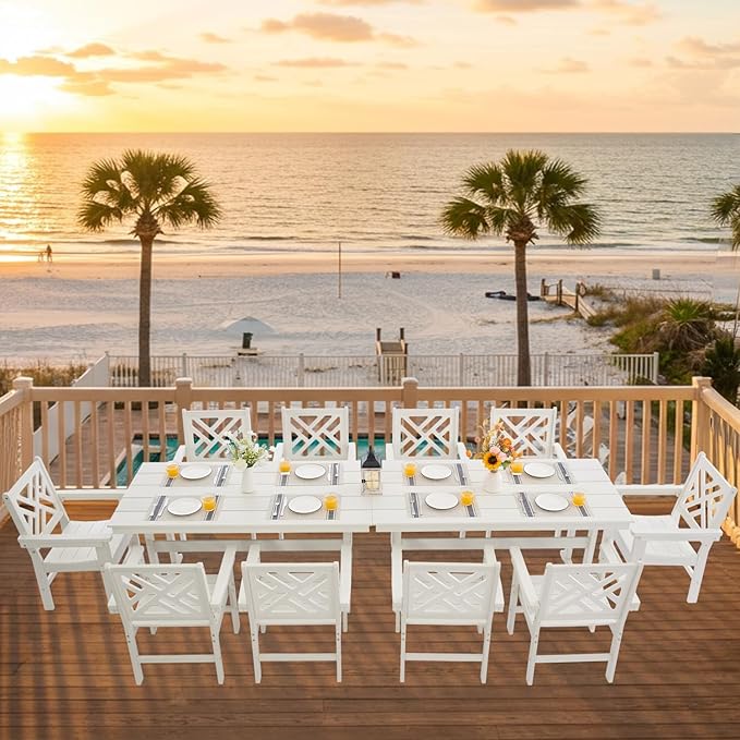 HDPE Dining Table Set for 10,12-Piece Outdoor Table and Chairs Include 10 Dining Chairs and 2 Pcs 62.5" Patio Dining Table with Umbrella Hole (White)
