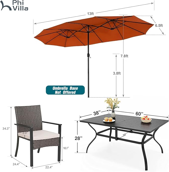 PHI VILLA 7 Pieces Patio Dining Set with Umbrella for 6, 60” Large Metal Iron Dining Table & Cushioned Rattan Wicker Chairs & 13ft Red Umbrella for Patio, Deck, Yard, Porch