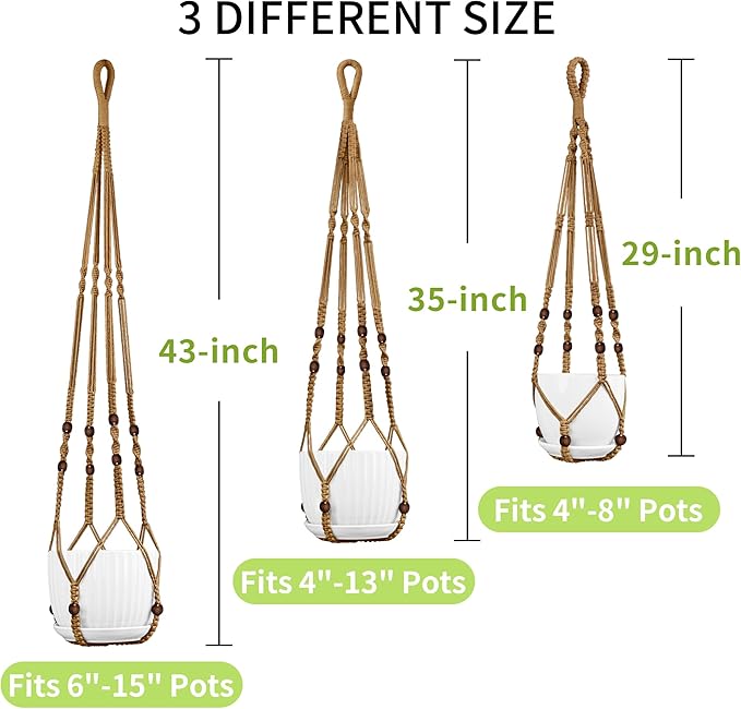 Macrame Plant Hanger - Fits 4 to 15 inches Pots for Indoor Outdoor, 43"/35"/29" Different Sizes Set, Brown (POTS NOT Included)
