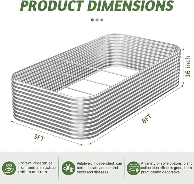 2 Pack Tall 8x3FT Corrugated Galvanized Steel Raised Garden Bed Outdoor, Metal Above Ground Garden Bed for Vegetables and Flowers, Raised Beds for Gardening