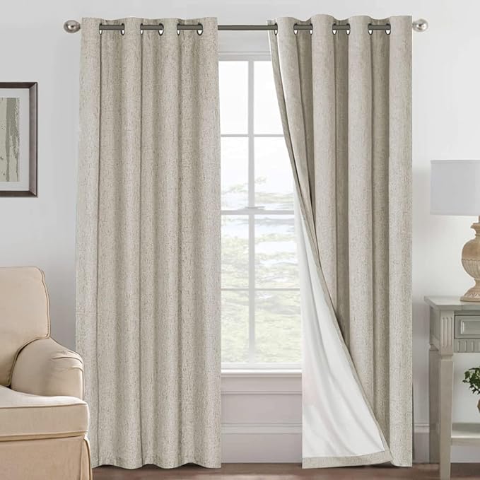 H.VERSAILTEX Linen Curtains 100% Blackout Curtains for Bedroom 102 inch Long Full Light Blocking Nature Linen Blended Window Curtains for Living Room Nickel Grommet (2 Panels, Cobblestone)