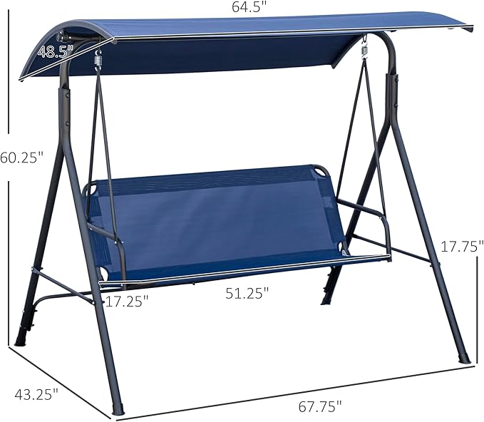 Outsunny 3-Person Porch Swing with Stand, Outdoor Swing for Patio Porch with Adjustable Tilt Canopy and Comfortable Swing Bench-Style Seat, Steel Frame, Dark Blue