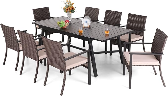 PHI VILLA 9 Piece Outdoor Dining Table Set for 8, Expandable Rectangular Iron Dining Table & Rattan Wicker Chairs with Cushions, Large Dining Furniture Set for Patio, Deck, Yard
