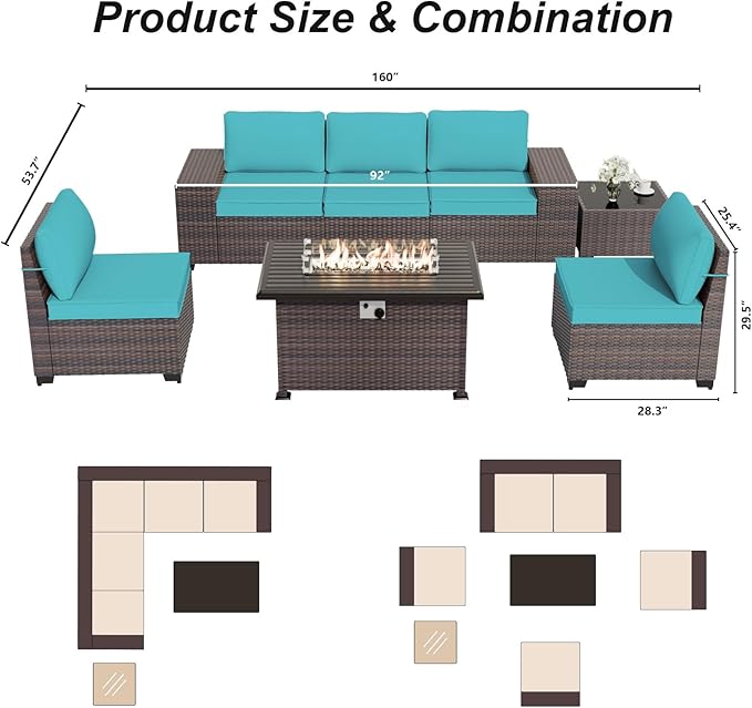 ALAULM 7 Pieces Patio Furniture Set with Fire Pit Table 55000BTU, Oversized Seat/Armrest and High Back Wicker Conversation Set with Thick Cushion for Backyard, Garden, Turquoise