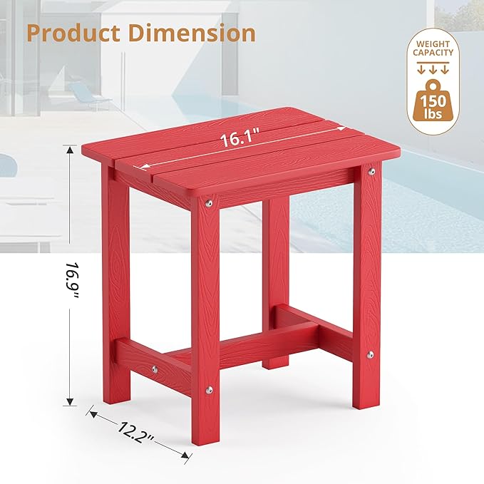 LUE BONA Outdoor Side Table, HDPS Small Outdoor Adirondack Side Tables, Outside End Table for Patio, Porch, Deck, Pool, Weather Resistant/Easy Maintenance, Bright Red