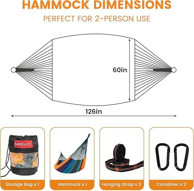 Lazy Daze Hammocks Handwoven Mayan Hammock, 10.5 FT Soft Rope Double Hammocks, Portable Outdoor Hammock with Carry Bag, 2 Straps & Carabiners for Patio Outside, 550 lbs Weight Capacity, Multi Color