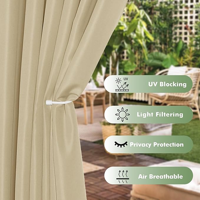 HolidayIdeas Extra Wide Outdoor Curtains for Patio Waterproof, 6 Panels - 110x108 Inches - Weatherproof Privacy Outsides Curtains for Backyard Porch Gazebo, Sunlight & UV Blocking (Cream, Grommet Top)