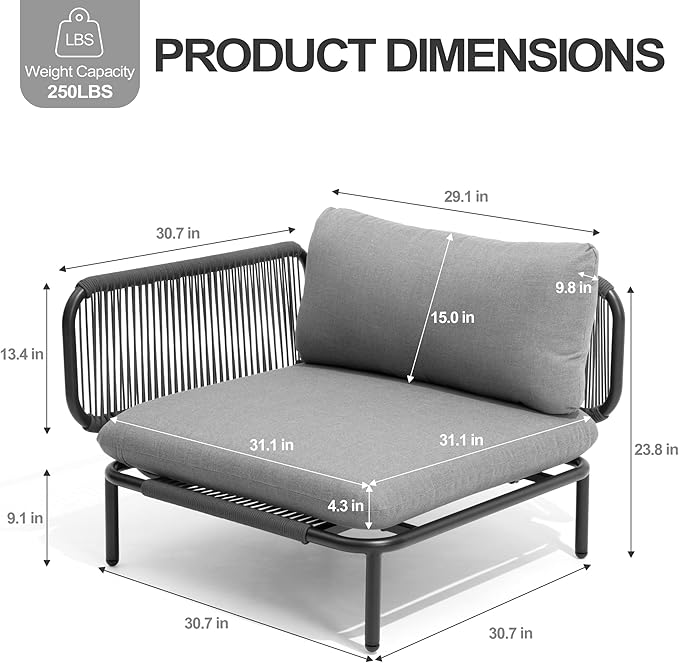 4 Piece Modern Outdoor Sectional Sofa, 31" Oversized Patio Furniture Set with Olefin Woven Rope, Weather-Resistant Metal Frame and Removable Cushion, Dark Grey