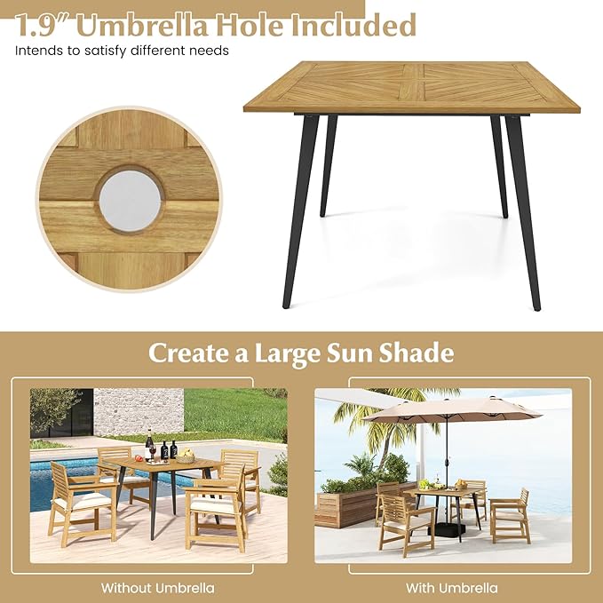 Tangkula 42.5" Acacia Wood Outdoor Dining Table for 4, Patio Table with 1.9" Umbrella Hole, Metal Legs & Adjustable Foot Pads, 4-Person Outside Table for Garden, Poolside & Backyard