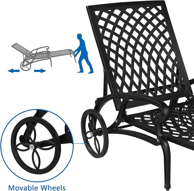 VINGLI Cast Aluminum Outdoor Chaise Lounge Chair with Wheels, Patio Chaise Lounge with 3-Position Adjustable Backrest, Tanning Chair Reclining Chair for Poolside (Black, Without Cushion)