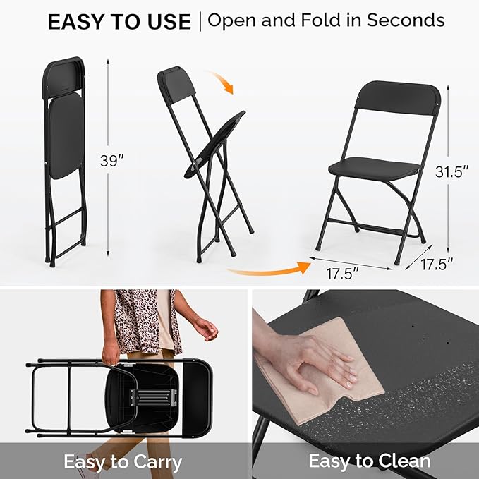 VINGLI 8 Pack Black Plastic Folding Chair, Indoor Outdoor Portable Stackable Commercial Seat with Steel Frame 350lb. Capacity for Events Office Wedding Party Picnic Kitchen Dining