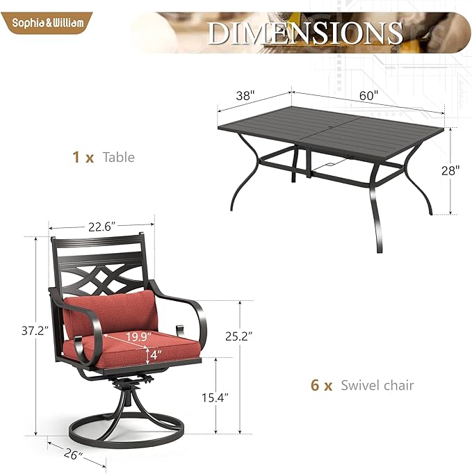 Sophia and William Swivel Patio Dining Set for 6, Outdoor Table and Chairs, Removable Seat Cushions, 60" Black Patio Dining Table,Red