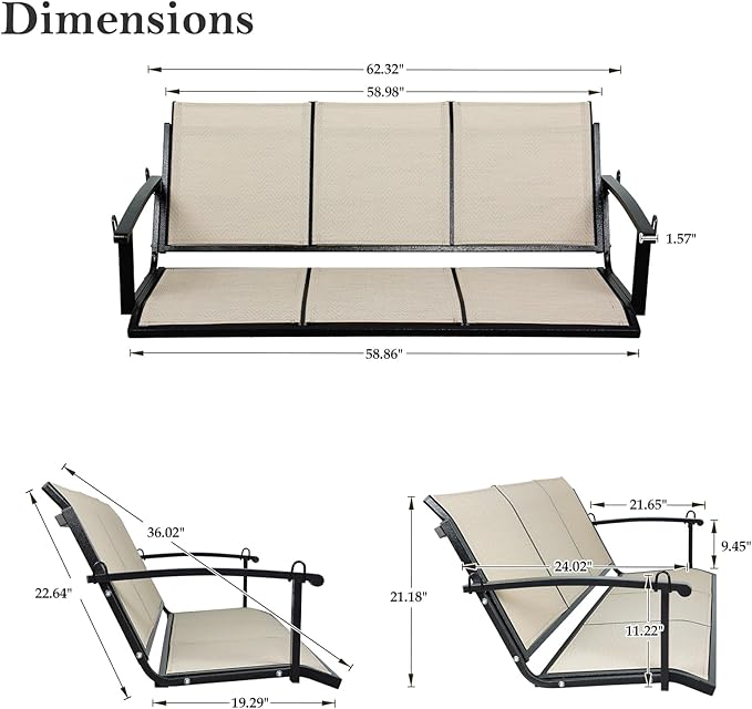 Textilene 3 Seat Hanging Swing, 5.2FT Patio Bench Swing, 660lbs Heavy Duty Outdoor Porch Swing with Hanging Chains for Courtyard, Garden, Tree, Yard