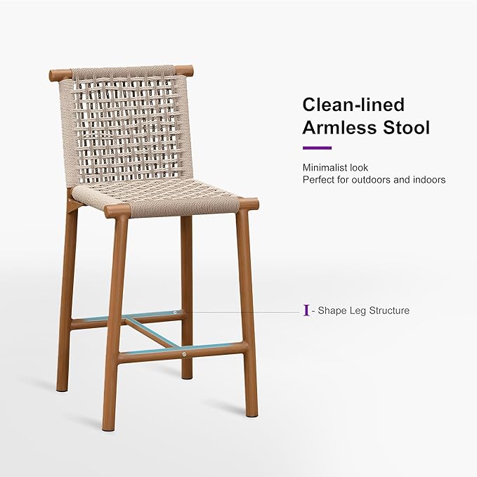 PURPLE LEAF Counter Height Stools Set of 2 with Back Aluminum Patio Bar Stools for Pool Lawn Kitchen All Weather Wicker Outdoor Bar Chairs Teak