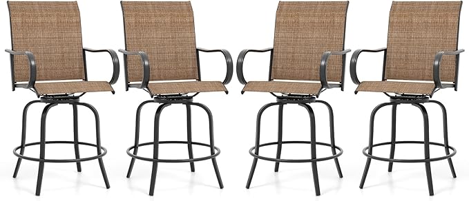 Giantex Set of 4 Swivel Outdoor Bar Stools, All-Weather Bar Height Patio Chairs, 330LBS Capacity, 360 Rotating Outside Bar Chairs with High Back Armrests, for Porch Yard Lawn Garden Pool (Brown)