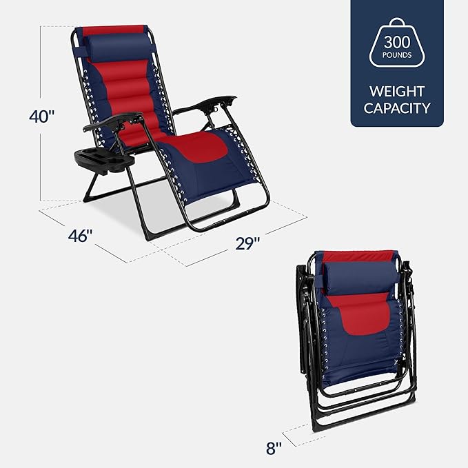 Best Choice Products Oversized Padded Zero Gravity Chair, Folding Outdoor Patio Recliner, XL Anti Gravity Lounger for Backyard w/Headrest, Cup Holder, Side Tray, Polyester Mesh - Navy/Red