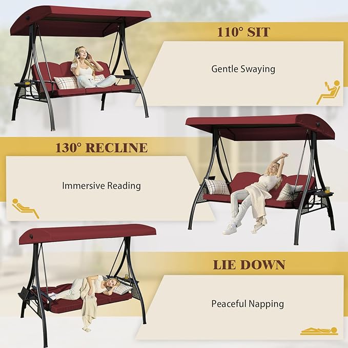 3-in-1 Convertible Outdoor Swing for Adults, Outdoor Porch Swing with Stand 800lb Bearing Capacity, 3-Seat Outdoor Swing with Canopy Adjustable, Thickened Cushions (Square, Wine Red)