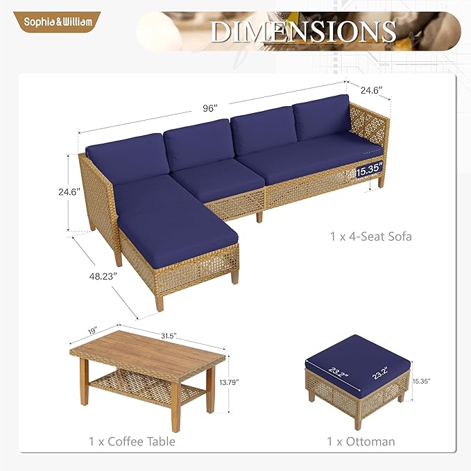 Sophia and William 5-Piece Wicker Patio Furniture Set, L-Shaped Outdoor Sectional Sofas with Ottoman and Acacia Wood Coffee Table, Rattan Conversation Set wtih Cushions, Blue
