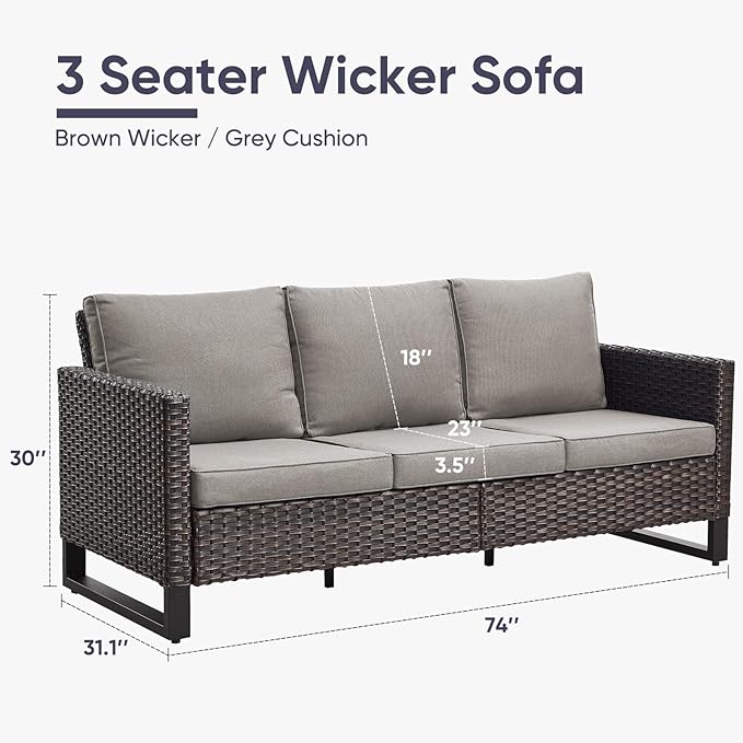 Belord Outdoor Couch Patio Furniture: Wicker Patio Sofa with Deep Seat High Back, 800Lbs Weight Capacity Oversize Outdoor Seating 3 Seater Rattan Couch, Anti-Rust Frame, Brown