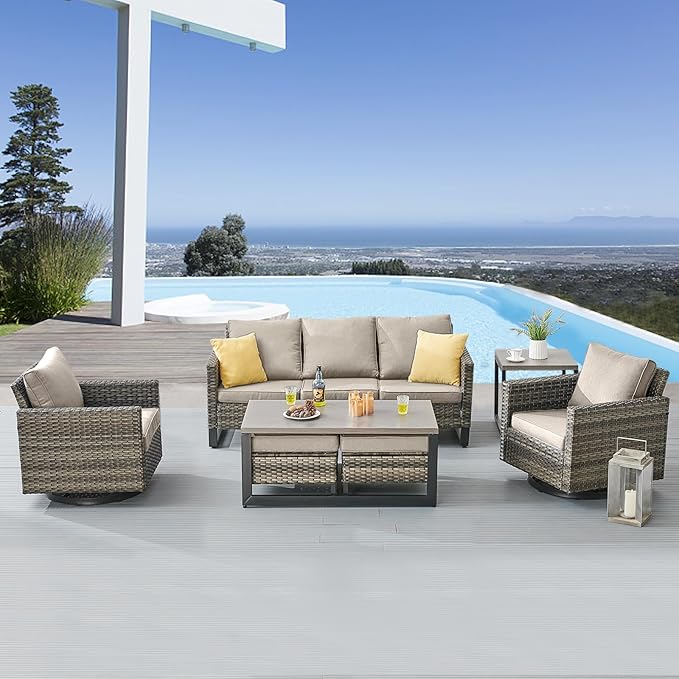 Belord 7 Piece Outdoor Furniture Patio Wicker Sofa Set, Oversize Outdoor Swivel Rocker Chairs with Rattan Ottomans, Conversation Sets Patio Furniture Come with Removable Washable Cushion Grey