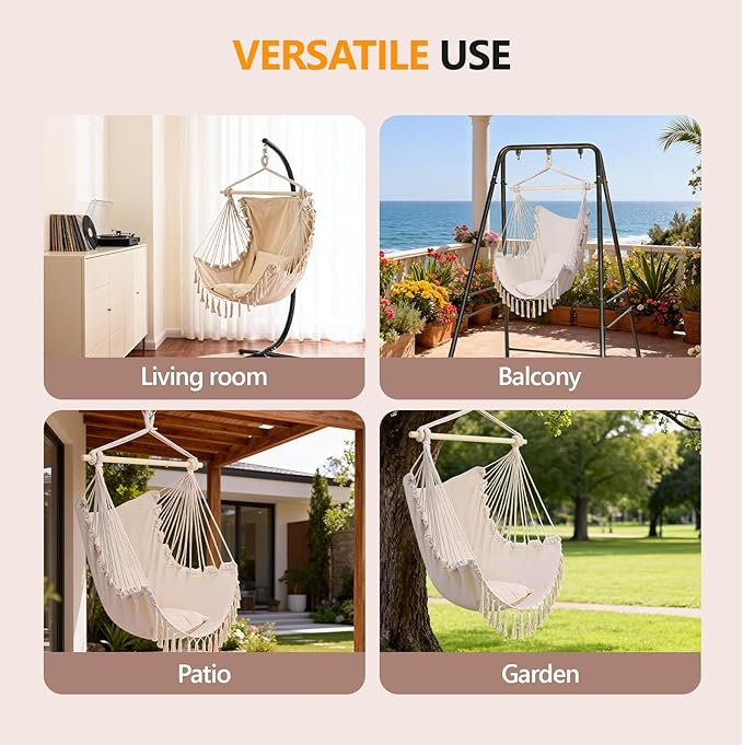 ONCLOUD Hammock Chair Hanging Rope Swing, Load Capacity Up to 550 LBS Macrame Hammock Swing Seat with Two Cushions, Hammock Seats with Portable Steel Spreader Bar for Indoor/Outdoor, Beige