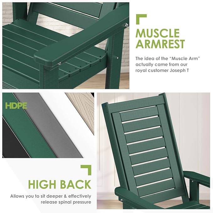 GREENVINES Outdoor Rocking Chair Set | 3-Piece | 2 Rocking Chairs with 1 Side Table | Porch Rocker | HDPE Plastic | Forest | Patio Furniture Sets | High Back | Big & Tall | Ladder Back