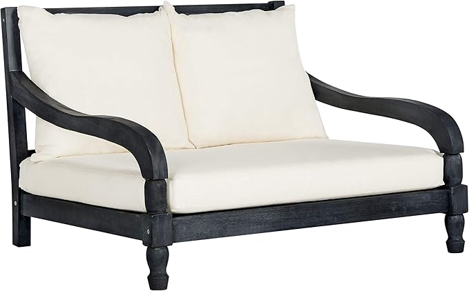 SAFAVIEH Outdoor Collection Pomona Dark Slate Grey Solid Wood/Beige Cushion Lounger Bench Sofa Loveseat (PAT6740K)