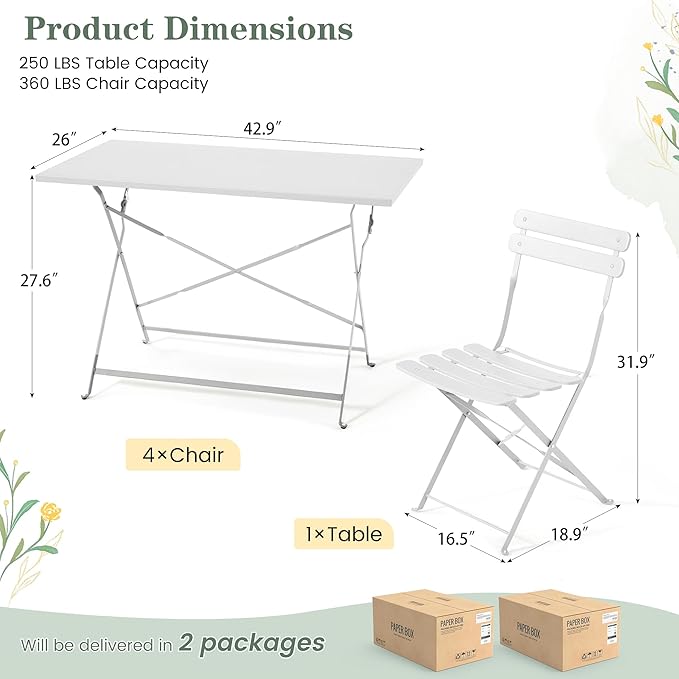 MELLCOM 5-Piece Foldable Patio Dining Set with Rectangular Table and Chairs, Weather-Resistant Iron Outdoor Dining Set for 4 People, Outdoor Table and Chairs for Patio, Yard, Indoor, White
