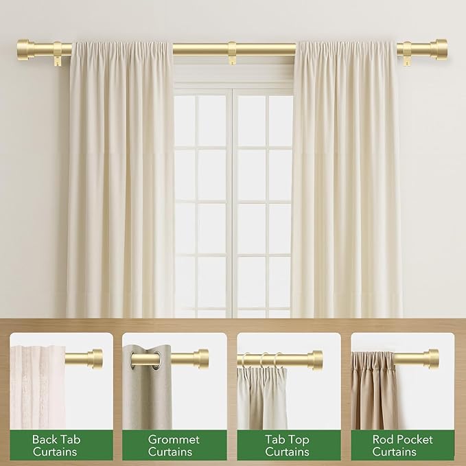 Curtain Rods for Windows 72 to 144, 1 Inch Adjustable Gold Heavy Duty Long Window Curtain Rod with End Caps, Modern Style Indoor Outdoor Drapery Rods for Patio Bedroom, Size 32" - 150"