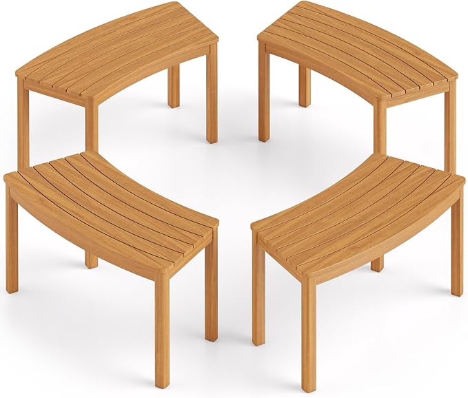 Tangkula Acacia Wood Outdoor Curved Bench Set of 4, Patio Garden Backless Fire Pit Bench with 1600 lbs Weight Capacity, Outside Seating Furniture for Front Porch, Deck & Backyard