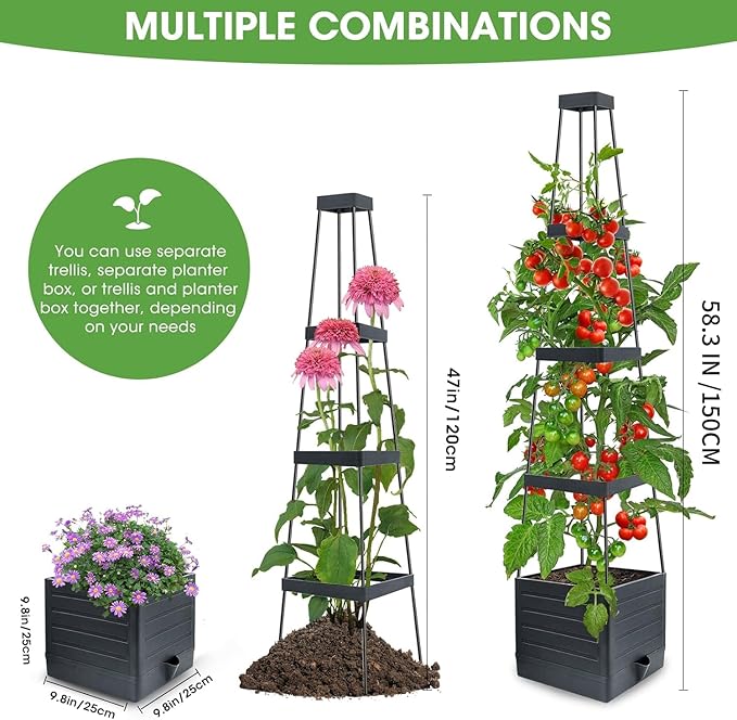 Raised Garden Bed 4 Packs, Planter Boxes with Trellis 58.3'' Tomato Planters for Climbing Vine Vegetables Flowers Plants Self Watering Tomatoes Cage for Outdoor Patio Greenhouse