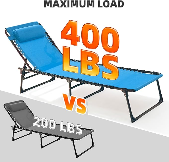 Folding Chaise Lounge Chair Bed - Heavy-Duty 400lb Capacity Portable Adjustable Recliner w/Pillow for Patio, Pool, Camping, Sunbathing - Lay Flat Design (Blue)