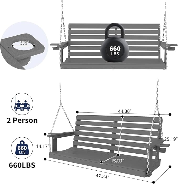 Plawdlik Porch Swings,2 Seat Patio Chair with Two Cup Holders,HDPE Waterproof Bench for Courtyard-Grey