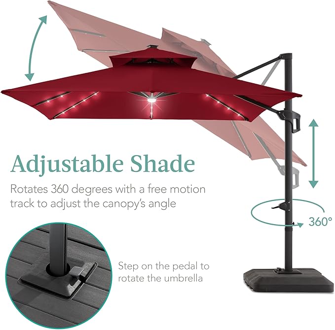 Best Choice Products 10x10ft Cantilever Patio Umbrella w/Base Included, Solar LED Lights 360 Rotation Large Offset Hanging Outdoor Shade for Deck Pool Backyard w/Stand – Burgundy