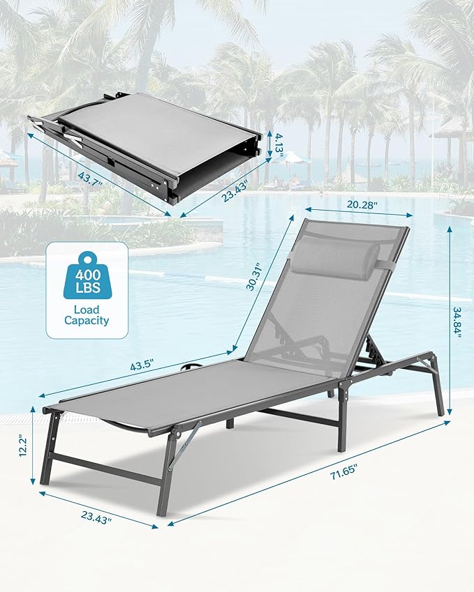 Foldable Chaise Lounge Chair with Cup Holder, Assemble-Free Outdoor Lounge Chair with Detachable Pillow and 6 Adjustable Backrest, Patio Lounge Chair for Outside Poolside Beach Pool, Grey