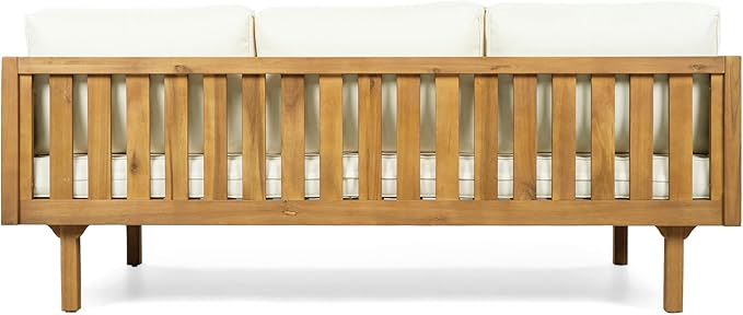 Christopher Knight Home Rosie Acacia Wood Outdoor Daybed Sofa with Water-Resistant Cushion, Solid Wood Patio 3 Seater Sofa Couch, Patio Garden Lounge Sofa with Woven Rope Accent, Black+Teak+Beige