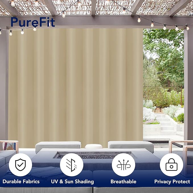 PureFit Outdoor Curtains for Patio Waterproof Weatherproof, UV Resistant Outside Curtains for Gazebo, Front Porch, Pergola, Sun Blocking Privacy Curtain, 120W x 95L inch, 1 Panel, Beige