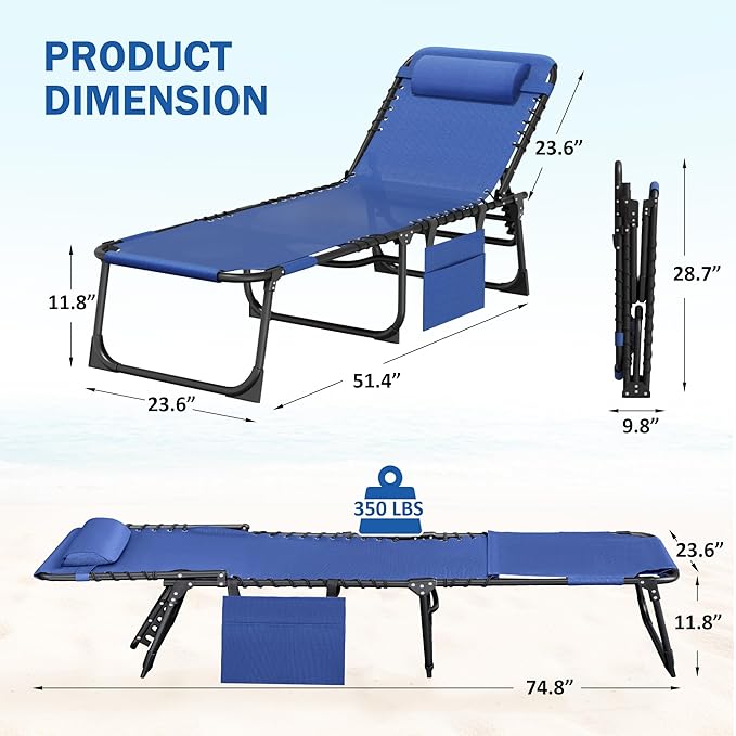 Devoko Beach Lounge Chair, Outdoor Sun Tanning Chair with Face Hole, Heavy Duty Folding Portable Lay Chaise Lounge Chairs for Outside Beach Pool Camping Patio, Blue