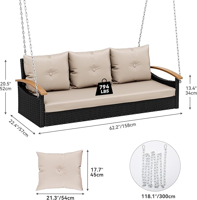 YITAHOME Porch Swing with Cushion 3-Seats Front Hanging Wicker Swing Rattan Patio Swing Lounge Chair Hammock for Garden, Balcony, Deck