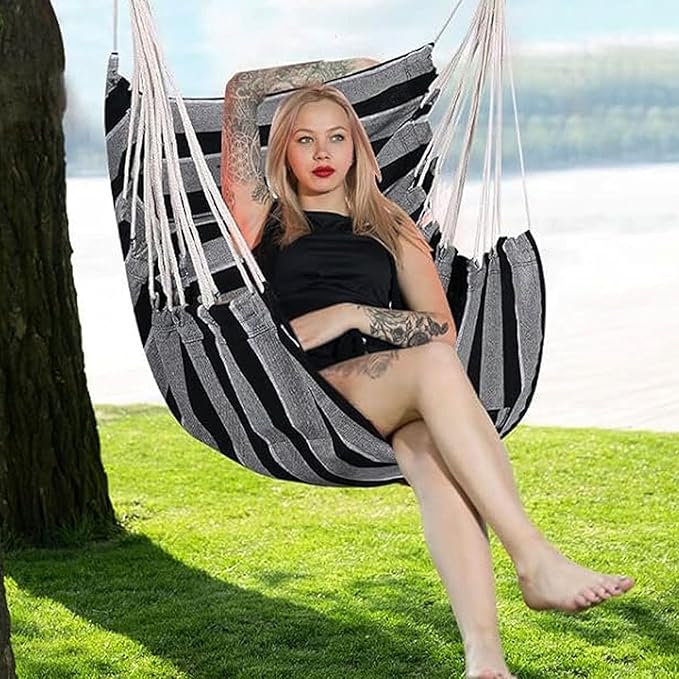 Goutime Hammock Chair, Boho Hanging Rope Ceiling Swing, Macrame Hanging Swinging Chair for Indoor,Outdoor,Bedroom,Outside,Garden,Balcony,Yard,Deck,Max 330 Lbs (Gray Stripe)