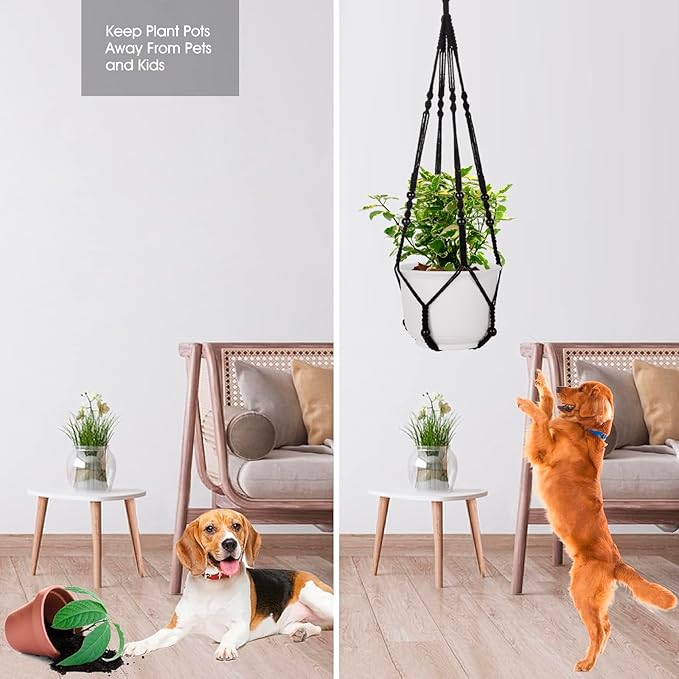 RIFNY Macrame Plant Hanger Indoor, 35 Inch Hanging Plant Holder with Hooks, Large Boho Hanging Basket Plant Hanger for Wall Window Ceiling Plants Decor (Black, 1PC)