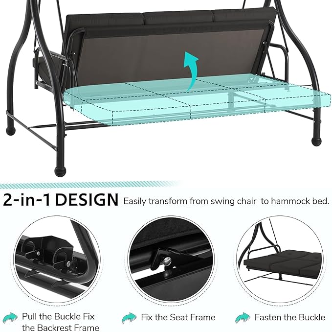 U-MAX Porch Swing with Cover, Patio Swing with Adjustable Backrest&Canopy 3 Seat Outdoor Swing with Canopy 2-in-1 Convertible Patio Daybed with Removable Black Cushions